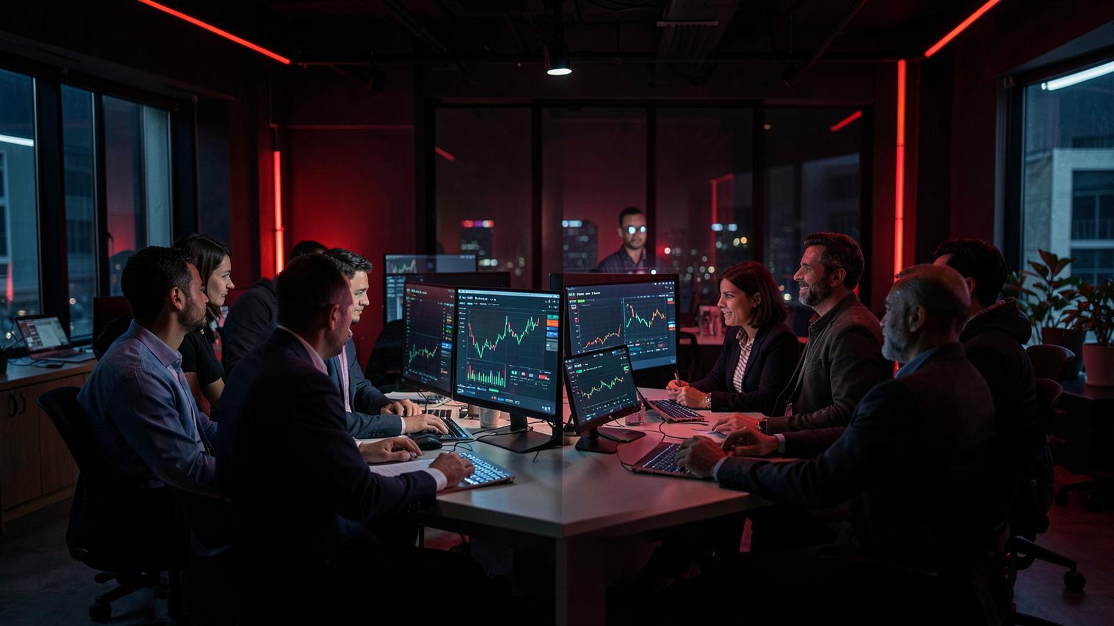 Qorvexa team reviewing crypto markets together